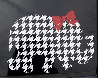 Houndstooth Elephant Vinyl Decal with Bow/ Elephant Car Decal / Computer Decal / Wall Decor, Baby Elephant Sticker
