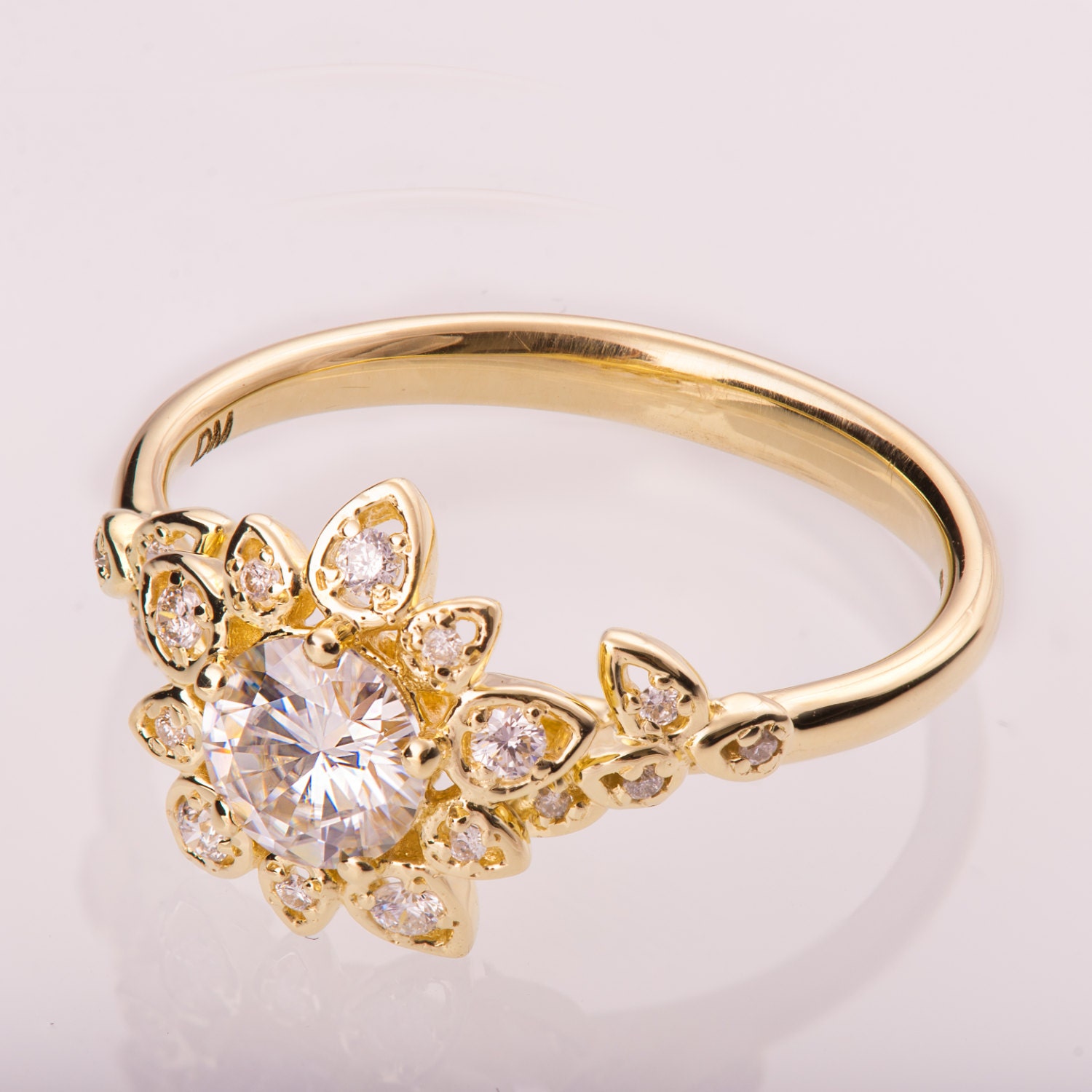 Diamond Art Deco Petal Engagement Ring 14K Gold and Diamond
