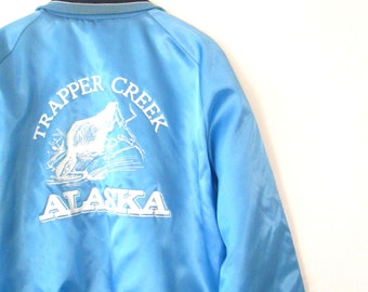 Vintage 1980s Trapper Creek Alaska Beaver Satin Bomber Snap Front Jacket Sz XL