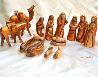 Nativity set, Christmas creche hand carved hand painted of olive wood in Holy Land