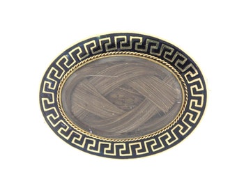 Victorian Hair Brooch, Yellow Gold Victorian Mourning Brooch, Enamel Greek Key Design Hair Jewelry, Mourning Pin