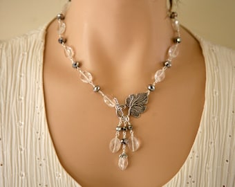 Clear Rock Quartz Necklace, Front Closure, Dangling Necklace, Silver and Clear Necklace, Quartz Necklace Set,