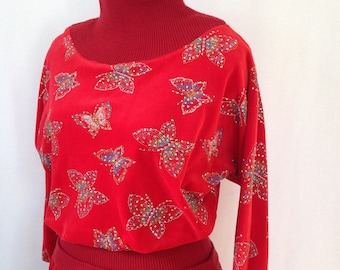 1980s red velour and knit day dress with glitter butterflies