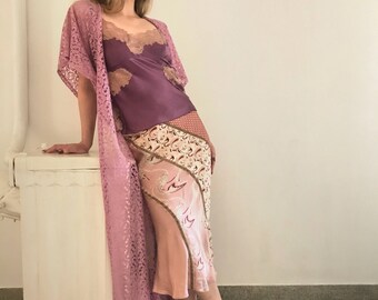 temptress moon kimono/70's kimono/floral kimono/purple lace kimono/grunge coat kimono/statement coat/vintage duster/maxi lace duster/s/m