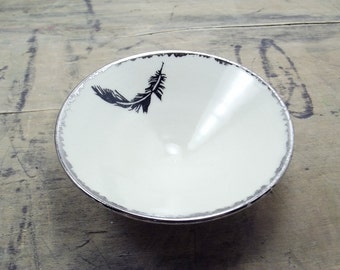 Black Feather Porcelain Small Bowl, Jewelry Dish, Ring Dish, Dipping Bowl