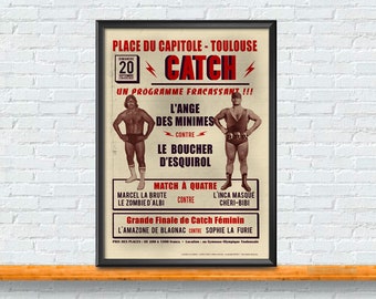 Affiche Toulouse, Catch, rétro, cadeau, fêtes des pères, A3, Illustration vintage, Atelier VUDO, vudo, bleu, Bordeaux