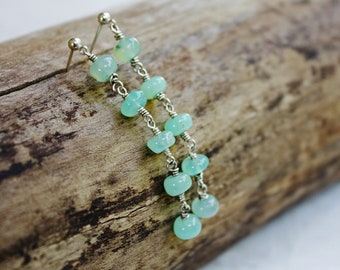Chrysoprase Earrings, long green earrings, semi precious sterling silver post stud jewelry mint green