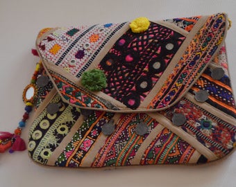 Banjara boho clutch, evening purse,Golden sling,Ethnic hand purse, vintage coin mirror yoke,pompom Pochette, tassels,tab cover,Oversize