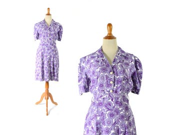 1930s dress, 30s dress, purple dress, floral print dress, vintage dress, women's dress, vintage clothing