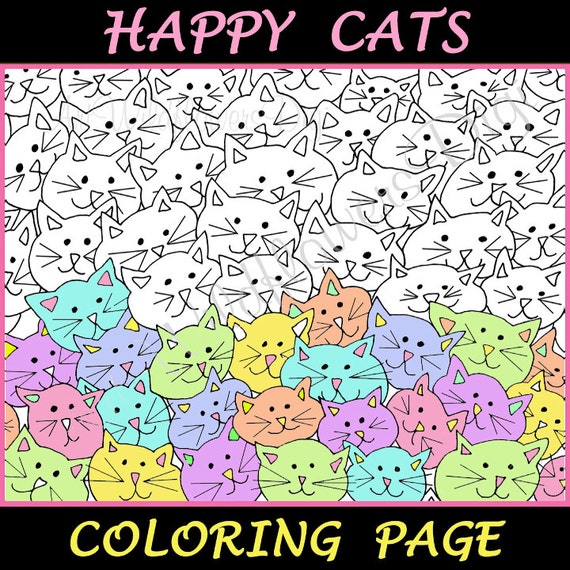 Download Items similar to Happy Cats Coloring Page - Kitty Color ...