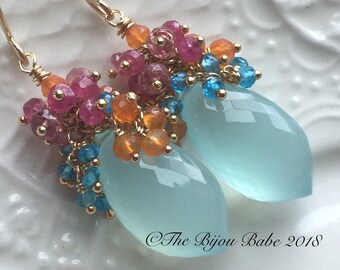 Aqua Chalcedony Cluster Earrings Boho Luxe Earrings