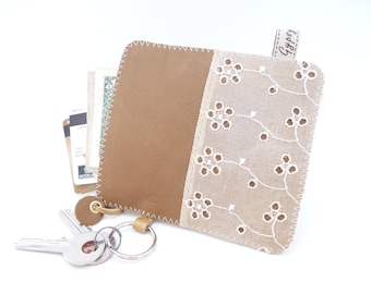 Leather and Vintage Eyelet Pouch / My Favorite Zippy Wallet / Zippered Leather Bag / Ready to Ship
