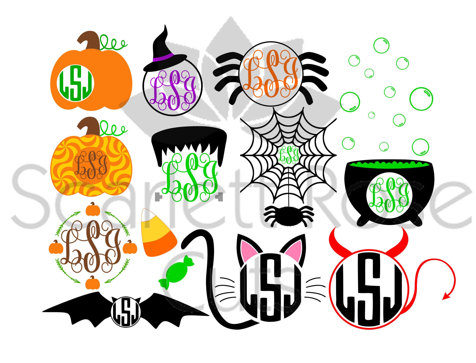 Download Halloween Monogram Frame SET spider witch black cat