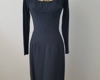 1950's Mr. Blackwell "Design" Black Wool Crepe Wiggle Dress / Size: Small
