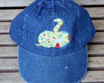 Coilded Snake Embroidered on a Denim Baseball Hat Cap, Adjustable hat, adult