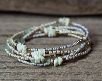Wrap Bracelet, Beaded Wrap Bracelet, Seed Bead Bracelet, Serpentine Bracelet, Prehnite Bracelet, Beaded Necklace, Stretch Bracelet, BOHO