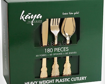 Kaya Collection - Plastic Silverware Set - Gold Cutlery - Disposable Flatware, 60 Forks, 60 Knives and 60 Spoons Baroque Design (180 Pieces)