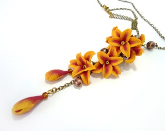 Lily necklace, Yellow and Orange flower pendant, Lily pendant, Polymer clay Jewelry, flower necklace, handmade jewelry