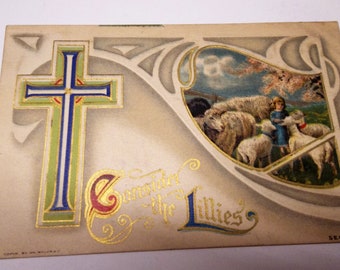 Vintage Easter Postcard Cross Sheep Consider The Lillies 1911