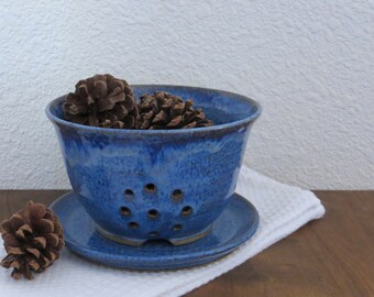 Berry Bowl Colander with Plate - Handmade Stoneware Pottery Ceramic - Indigo Blue - 5 cups
