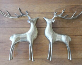 Vintage Pair of Large Brass Deer with Antlers 1980s