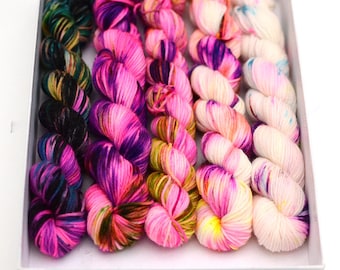 Hand dyed mini sock yarn skeins