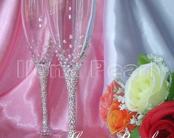 Personalized Wedding Swarovski Crystal Champagne Wine Glasses Multicolor Brilliant Mr Mrs Bride Groom Toasting Flutes Gold Silver Love Gift