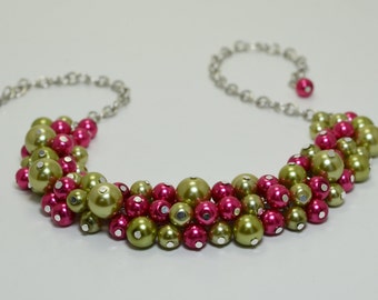 Fuchsia & Green Pearl Necklace, Pearl Cluster Necklace, Chunky Necklace, Green and Fuchsia Jewelry, Olive and Fuchsia Jewelry, FREE SHIPPING