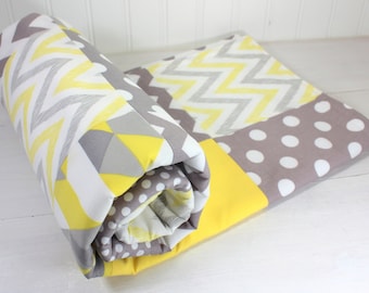 Baby Blanket, Nursery Decor, Minky Baby Blanket, Baby Quilt, Baby Shower Gift, Patchwork Quilt, Baby Bedding, Yellow, Gray, Grey, White