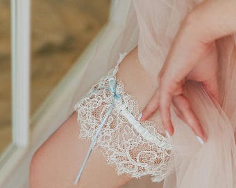 Ivory lace wedding garter,bridal garter, something blue garter- Odessa