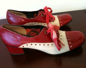 Vintage Red Dolly Spectator Oxfords, Low Heel, Red & White, Lace Up, Mod!