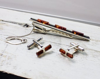 Amber cufflink and tie clip,cufflink with stones,men's cufflink,sterling silver jewelry for men,gift for him,cufflink and Tie clip set