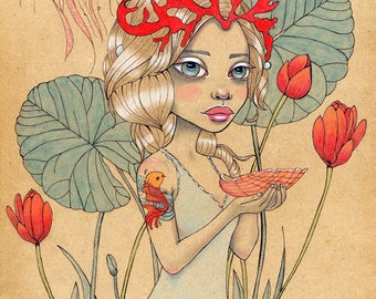 Queen of Cups Original Art 9x12 Mythical Tarot Vellamo Goddess Ink and Watercolor