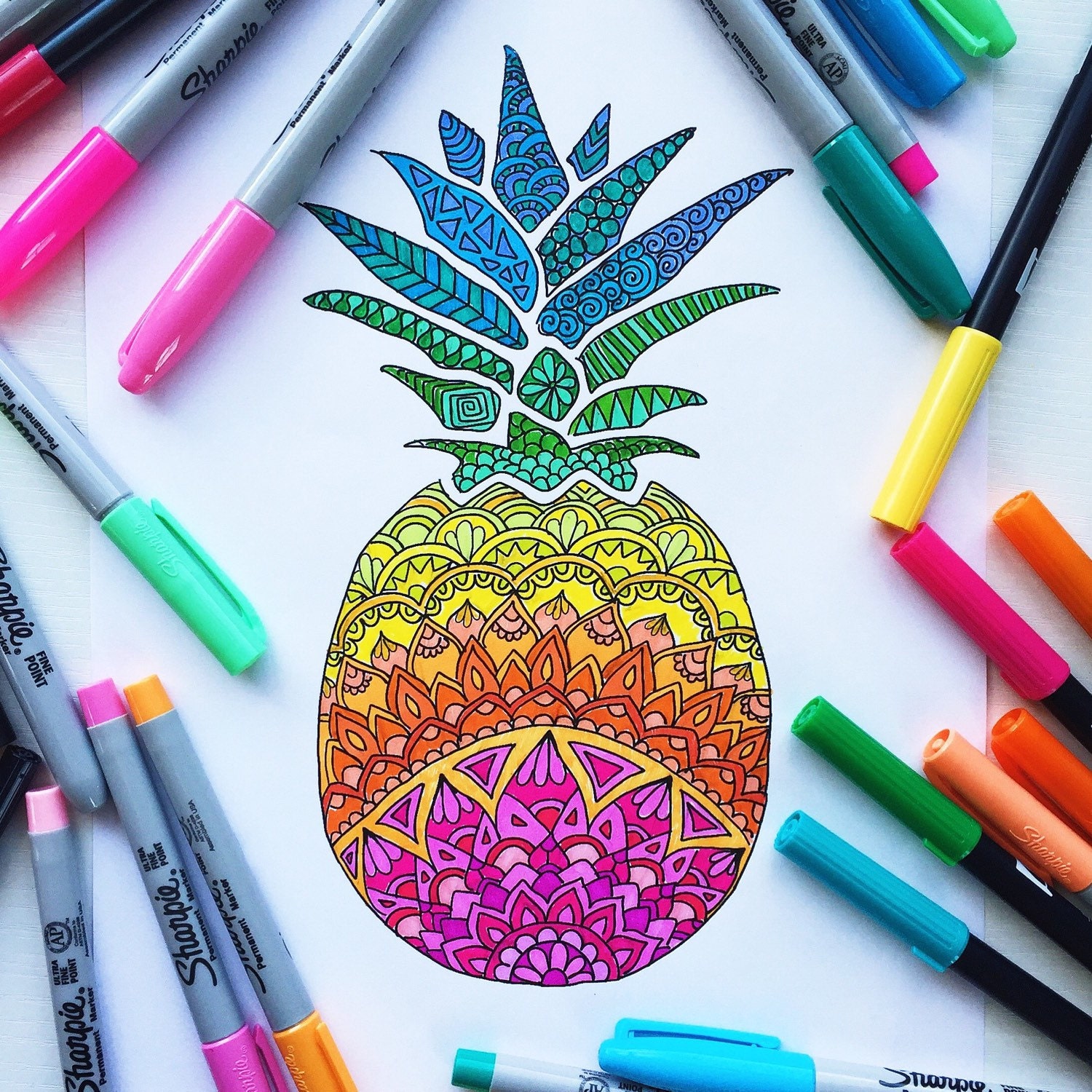 Downloadable coloring page Pineapple adult coloring page Summer coloring page Kids coloring page