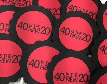 40th Birthday Cupcake Toppers - 40 is the New 20, Black and Red or Color Choice, Set of 12