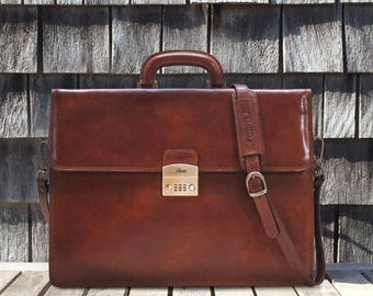 Brown Leather Briefcase Attache Laptop Bag Case with Combination Lock (10402BROWN)