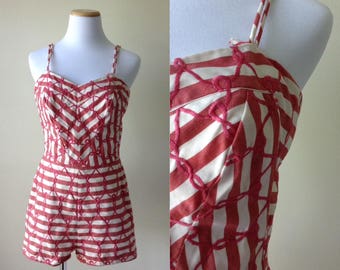 Red embroidered swimsuit | vintage 1950s swimsuit | 50s bathing suit playsuit