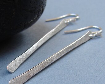 Walking Stick Earrings, Sterling Silver Linear Earrings, Textured Forged Modern Minimalist Silver Earrings