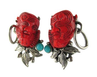 Selro Red Devil Clip Earrings/Japanese Theater Okina Noh Mask Earrings /Signed Selro Red Warrior Silver Tone Earrings