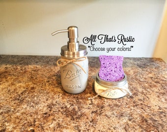 Mason Jar Kitchen Decor, Mason Jar Soap Dispenser, Sponge Holder, Kitchen Decor, Painted Mason Jars, Rustic Decor, Mason Jar Decor, Gift