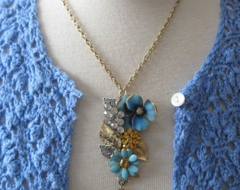 Vintage Jewelry Assemblage Pansy Flower Garden Necklace OOAK Cluster Collage Necklace