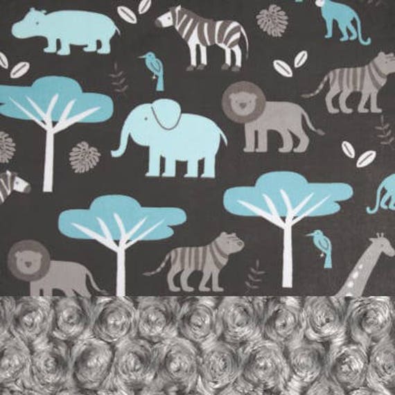 Personalized Blanket, Baby Boy Minky Baby Blanket, Baby Gift, Blue Gray Zoo Animal Blanket, Custom Baby Blanket, Receiving Blanket swirl