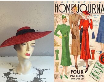 Melbourne Society Gala - Vintage 1930s Lipstick Red Woven Straw Cavalier Wide Brim Hat w/Navy Bow