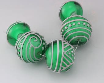 Handmade Lampwork Beads Green Glass Bead Set Pink Scrollwork Beads Linework Beads Flamework SRA Lampwork Beads Heather Behrendt 4985