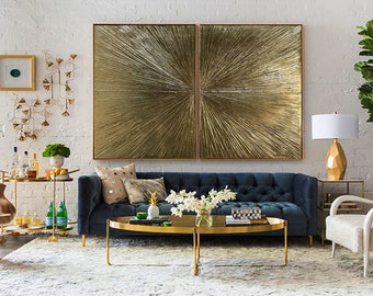 Gold Leaf Art Abstract Painting Abstract Gold Painting diptych "Rays" Gold Leaf Textured Painting On Canvas Modern Art by Julia Kotenko