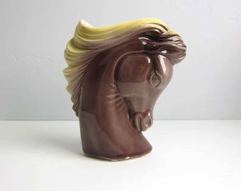Vintage Royal Copley Yellow Gray Horse Head Vase Planter - Yellow Brown Horse Planter Pot Gold Porcelain Horse