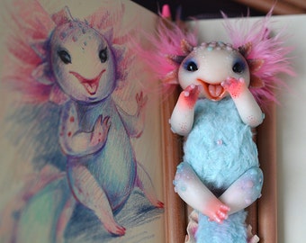 Axolotl. Water lizard. Water Dragon. Smiling dragon. Mixed media. Polymer clay. BJD. Made to Order!