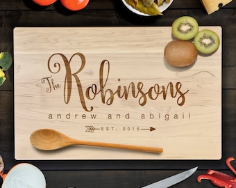 Family Name in Script with Customized Names and Date Wedding, Anniversary Cutting Board Gift Laser Engraved CB00062