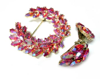 Vintage Pink Rhinestone Brooch Jewelry Set Earrings Pink Aurora Borealis Wreath Pin Clip Earrings Pink Wedding Jewelry