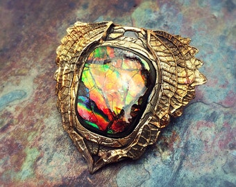 Fiery Ammolite Artisan Bronze PMC Leaf Pendant